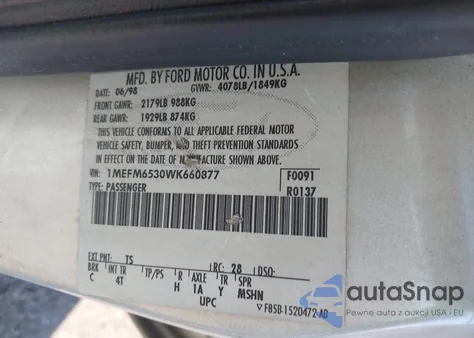 1998 Mercury Mystique from USA, damaged, VIN 1MEFM6530WK660877